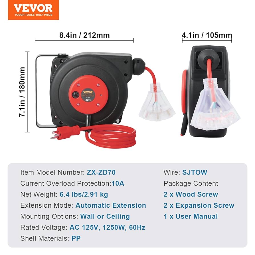 Amazon.com: VEVOR Retractable Extension Cord Reel, 30 FT